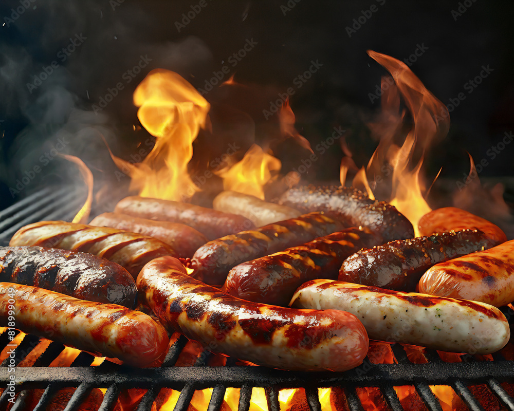 Grilled sausages on barbecue grill, close-up view with flames in background Grilled sausages on barbecue grill, close-up view with flames in background