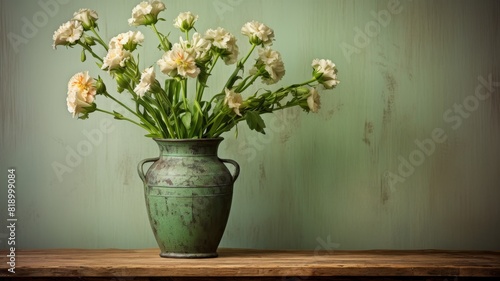 Wallpaper Mural Vintage green vase with white flowers on wooden table against textured green wall, perfect for home decor and interior design inspiration. Torontodigital.ca