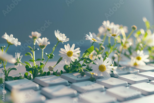 small plants and flowers growing through the computer keyboard .Technology and nature fusion, Green computing . Eco-friendly innovation, sustainable tech integration, digital detox photo
