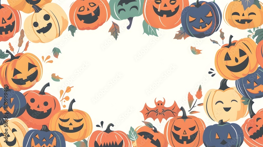 Cheerful Halloween Pumpkin Patch with Autumn Leaves and Festive Cheerful Halloween Pumpkin Patch with Autumn Leaves and Festive