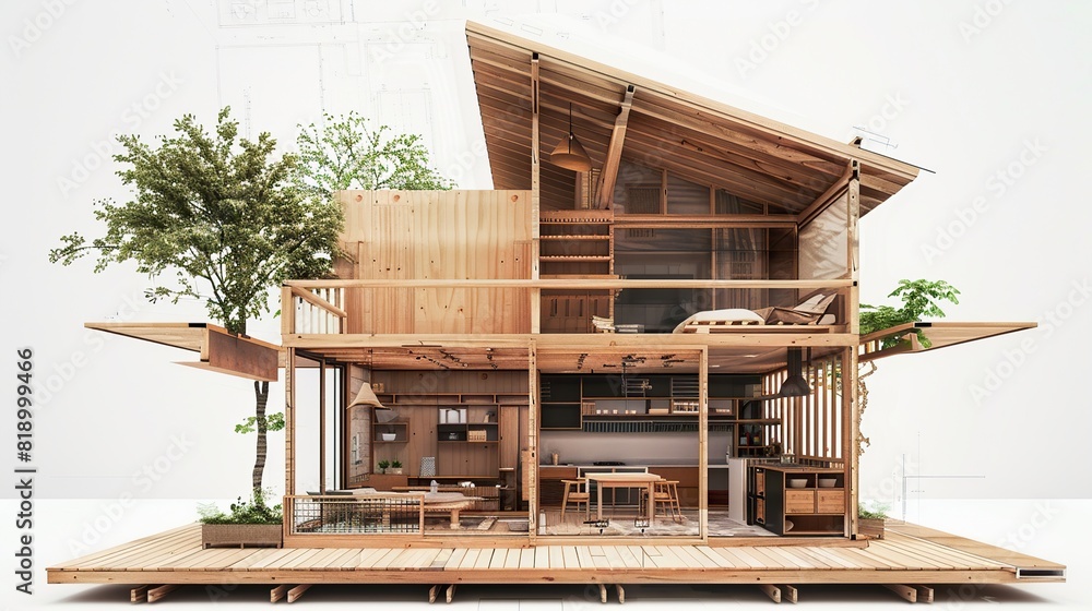 Mini wooden house design with blueprint consept 