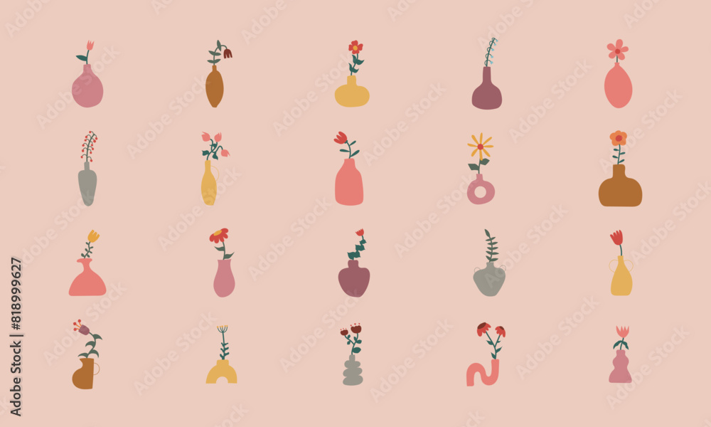 Set of vases with flowers. Bouquets in jar vector. Boho aesthetic plants. Hand drawn natural design elements. Abstract flower art set Set of vases with flowers. Bouquets in jar vector. Boho aesthetic plants. Hand drawn natural design elements. Abstract flower art set