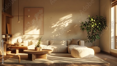 Modern interior japandi style design livingroom. Lighting and sunny scandinavian apartment with plaster and wood. 3d render illustratio  photo