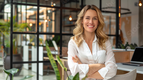 A young woman in a crisp white shirt stands confidently in the center of the office, her arms folded.