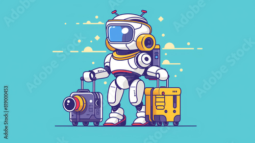cute robot ready for travel, standing beside two suitcases. The robot has antennas and a visor, while the suitcases are decorated with travel stickers, blue background