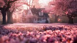 springtime as a farmhouse stands amidst blooming cherry blossom trees, their delicate pink petals carpeting the ground like confetti.