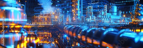A pipeline factory and a tank factory industrial area for power and energy petrochemical facilities with hologram information and a user interface as a wide banner.