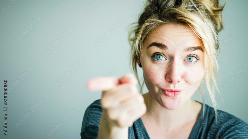 Woman Pointing Forward with a Serious Expression Woman Pointing Forward with a Serious Expression