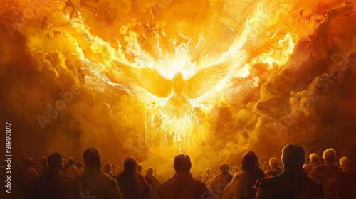 pentecost scene with the holy spirit descending as a dove amidst flames empowering followers gathered before the fire digital painting