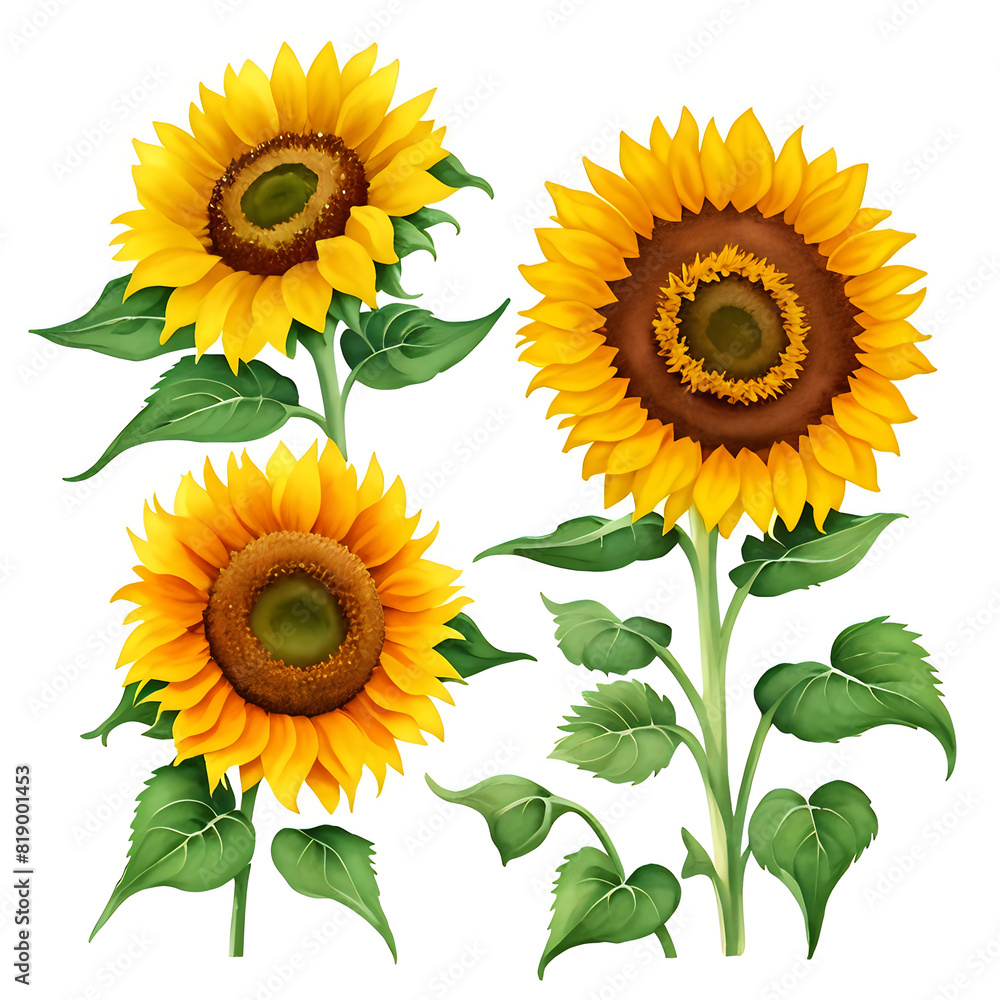 Obraz premium Sunflower collection in full bloom isolated on white. Perfect for environmental themes, educational content, and design projects, this vibrant set captures the natural beauty and energy of sunflowers,