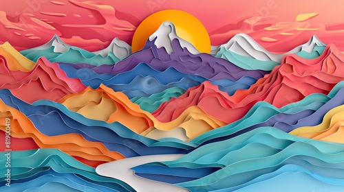 Paper art and craft design with colorful mountain in Leh Ladakh city in India.   photo