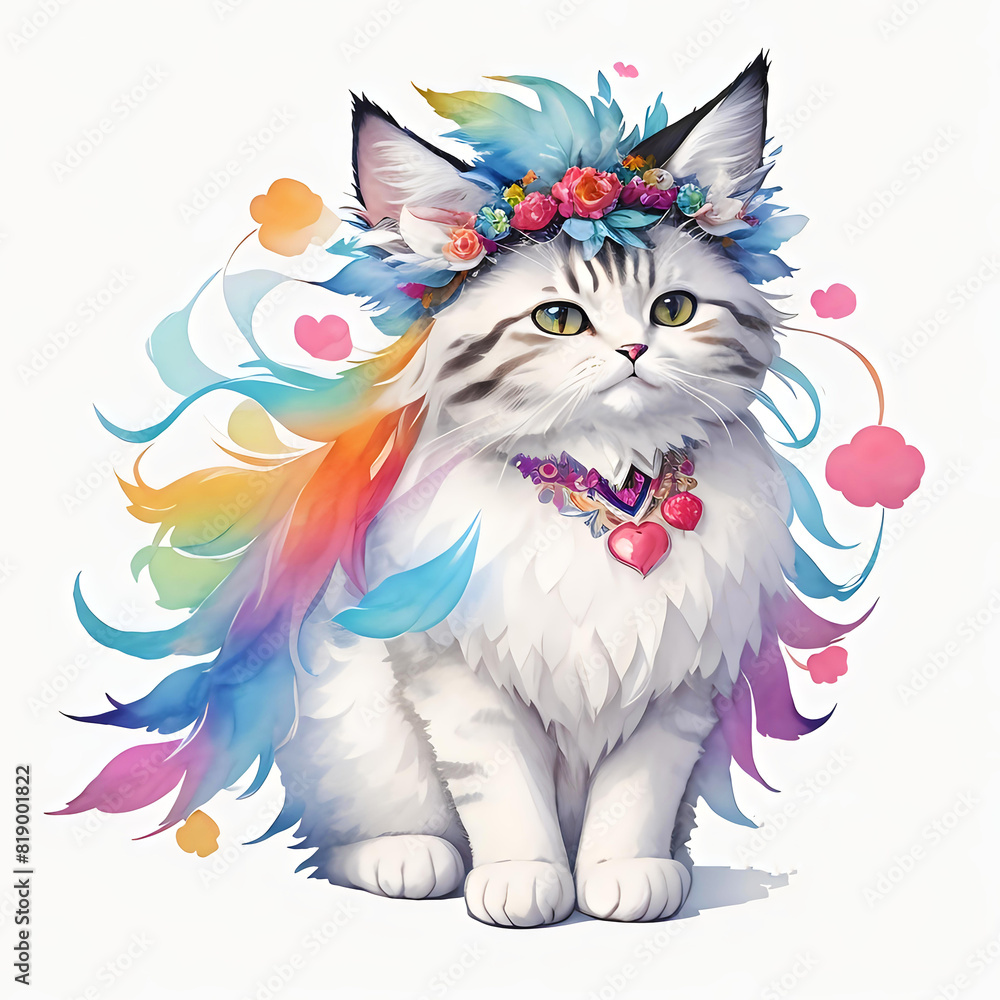 Whimsical cat with colorful feather crown illustration on white. Perfect for vibrant decor, fantasy themes, and pet art projects, this enchanting cat adorned with a radiant feather crown and heart Whimsical cat with colorful feather crown illustration on white. Perfect for vibrant decor, fantasy themes, and pet art projects, this enchanting cat adorned with a radiant feather crown and heart