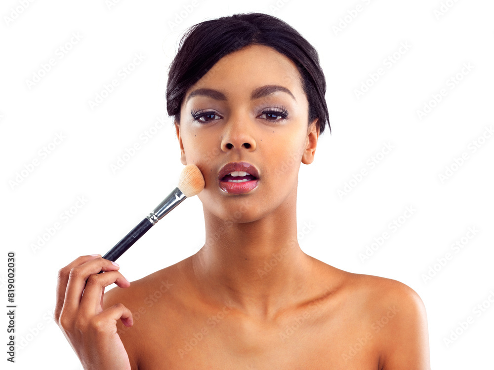 African woman, powder or makeup with facial in studio for beauty, eyeliner or cosmetic with brush. Female person, aesthetic or white background with confidence in portrait, lipstick or transformation African woman, powder or makeup with facial in studio for beauty, eyeliner or cosmetic with brush. Female person, aesthetic or white background with confidence in portrait, lipstick or transformation