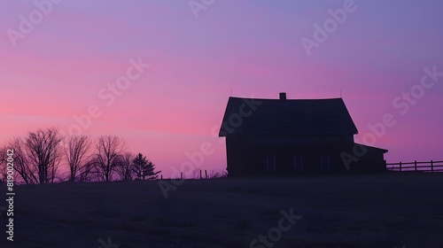 tranquility of dawn breaking over a farmhouse, its silhouette outlined against the soft pastel hues of the morning sky.