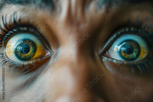 Close-up of wide open eyes with colorful irises  capturing an intense and emotional expression with detailed focus on the eyes.