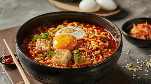 Photo korean instant noodles with korean rice cake and fish cake and boiled egg - 