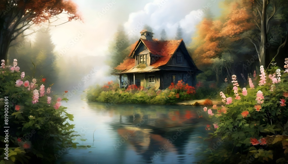 Obraz premium Landschaft Haus am See. Hintergrund für das Design 1.