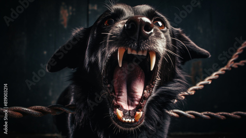 A close-up of a black dog barking aggressively while straining against its leash. photo