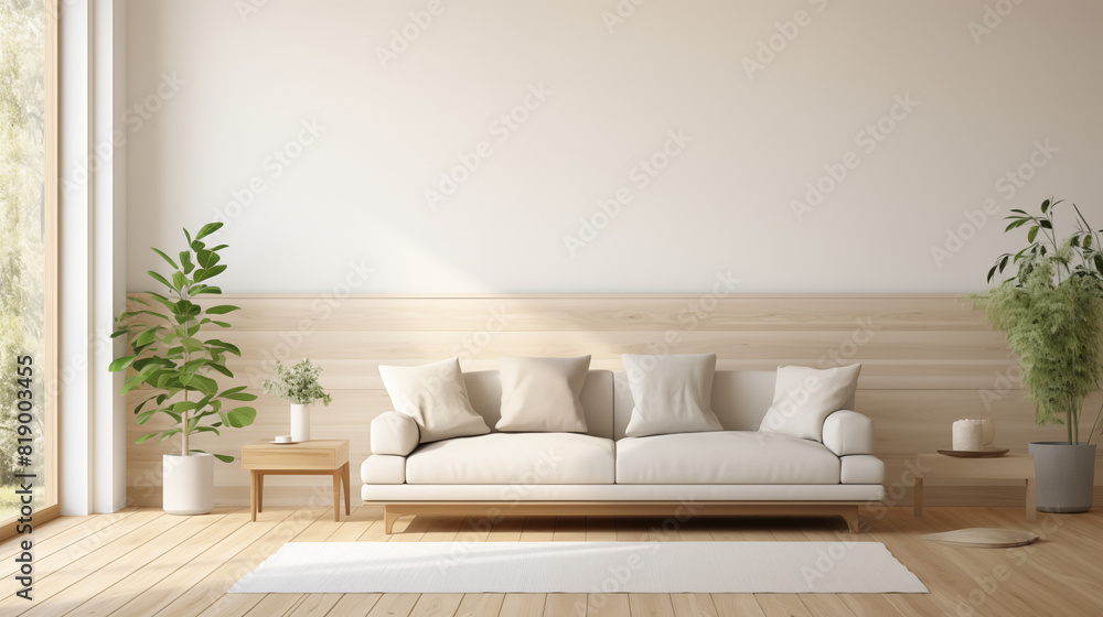 Minimalist Living Room with White Sofa and Green Plants Minimalist Living Room with White Sofa and Green Plants