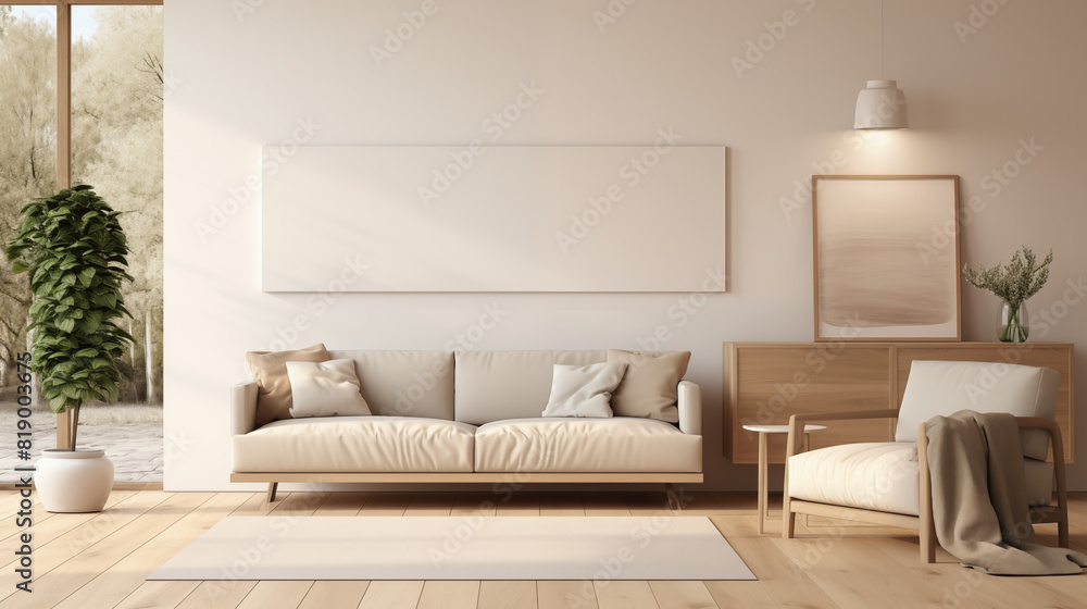 Modern Living Room with White Sofa and Wooden Furniture Modern Living Room with White Sofa and Wooden Furniture