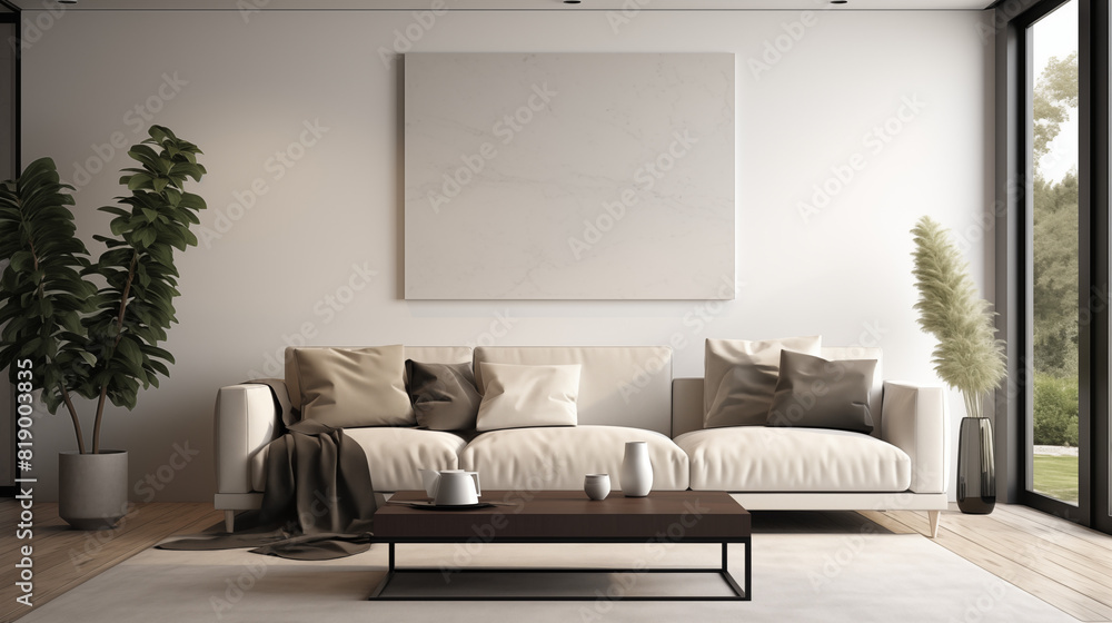 Fototapeta premium Stylish living room with a beige sofa and decorative plants