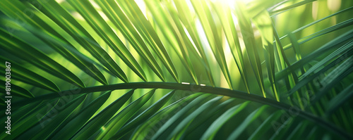 Sunlight filtering through vibrant green palm leaves.