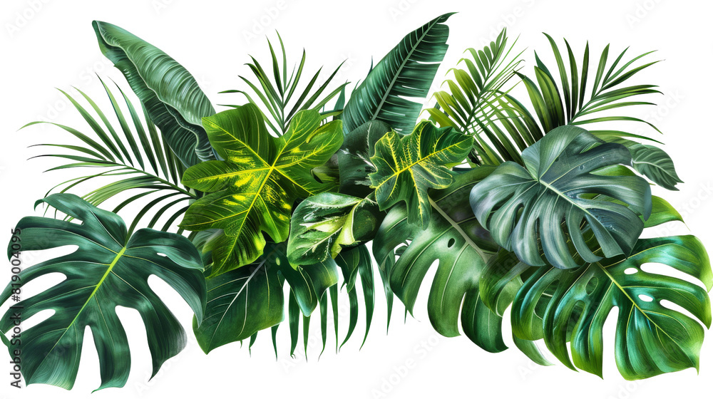 A dense arrangement of various tropical leaves, featuring vibrant, healthy green hues, set against a clean white backdrop.
