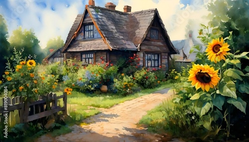 Das Haus, die Sonnenblumen. Hintergrund für das Design 1.