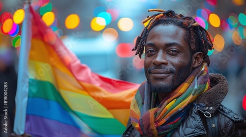 Personas felices y libres luchando por sus derechos de amar a quién quieran en manifestación LGTBIQ+, bandera del orgullo gay photo