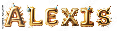 ALEXIS Letters - Golden Balloon, 3D - Isolated on Transparent or White Background PNG - Best for Birthday Illustration Design	 photo