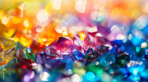 A vibrant macro photograph of colorful glass crystals arranged in a pile,