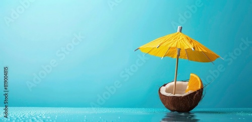 Wallpaper Mural Tropical cocktail umbrella in coconut on high glossy blue background with copy space, summer concept. coconut with umbrella summer banner concept Torontodigital.ca