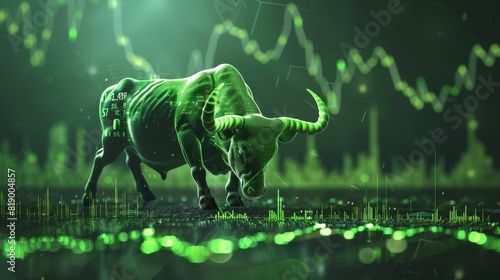 Stock market bull market trading up green graph, in an economic boom theme, highlighting success, with a futuristic tone, and a complementary color scheme