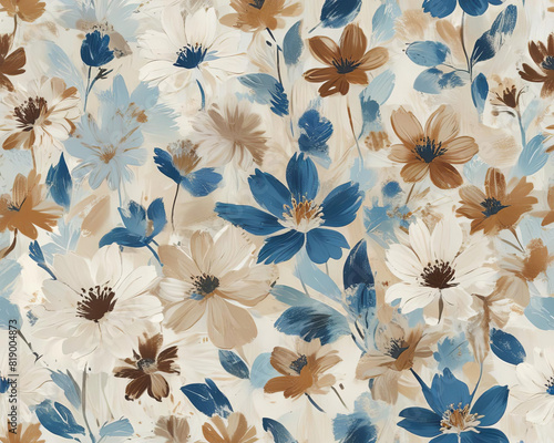 Vintage Matisse Style Brown and Blue Floral Print on White Background Gen AI