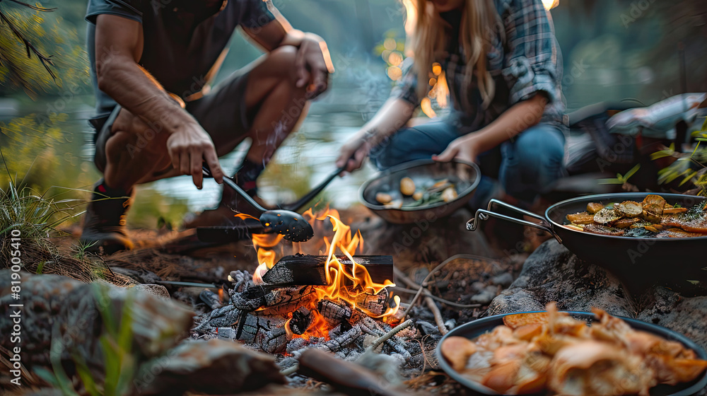 Couple camping in the wilderness, cooking food over an open fire. Couple camping in the wilderness, cooking food over an open fire.