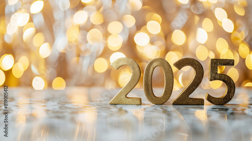 The 3D number "2025" stands against a festive New Year background, celebration and the anticipation of the coming year.