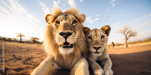 A close-up of two lions lying on desert ground, capturing their selfie moment during a beautiful sunset with a clear sky photo