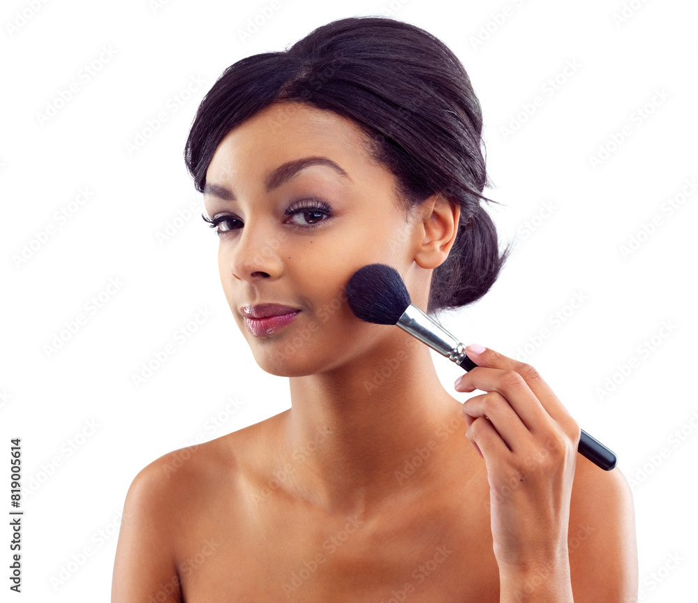 African woman, powder or beauty with blush in studio for makeup, eyeliner or cosmetic with brush. Female person, aesthetic or white background with confidence in portrait, lipstick or transformation African woman, powder or beauty with blush in studio for makeup, eyeliner or cosmetic with brush. Female person, aesthetic or white background with confidence in portrait, lipstick or transformation