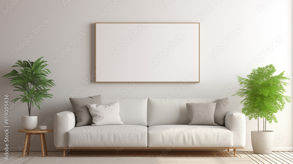 Modern Living Room with White Sofa and Green Plants Modern Living Room with White Sofa and Green Plants