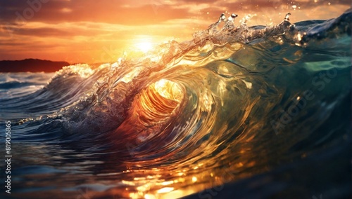 Close up inside of abstract wave breaking in the sunset or sunrise background natural light