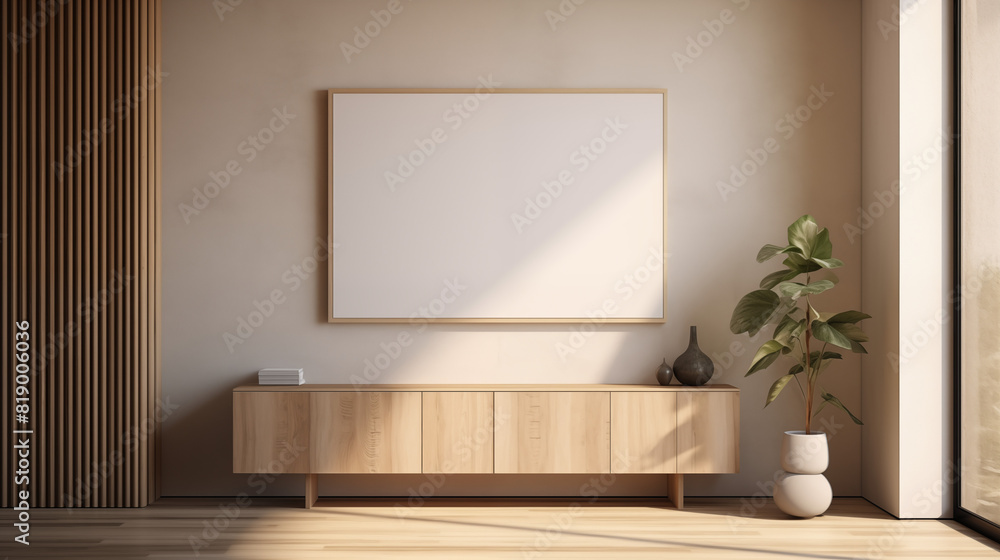 Modern Living Space with Wooden Sideboard and Plant Modern Living Space with Wooden Sideboard and Plant