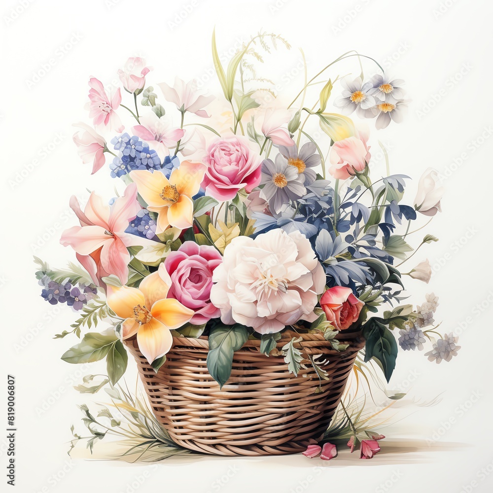 Beautiful basket of colorful flowers including roses, lilies, and wildflowers in a wicker basket on a white background. Beautiful basket of colorful flowers including roses, lilies, and wildflowers in a wicker basket on a white background.