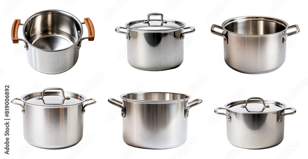 A collection of pots and pans displayed on a clean white background A collection of pots and pans displayed on a clean white background