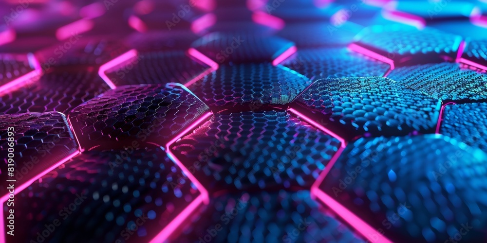 A closeup of the carbon journal honeycomb structure, glowing with neon blue and pink lights against an indigo background. The hexagonal pattern is rendered in high definition with intricate details. A closeup of the carbon journal honeycomb structure, glowing with neon blue and pink lights against an indigo background. The hexagonal pattern is rendered in high definition with intricate details.