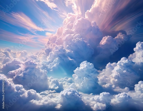 A breathtaking skyscape showcasing a dynamic formation of clouds illuminated by radiant sunlight against a bright blue sky.. AI Generation © Anastasiia