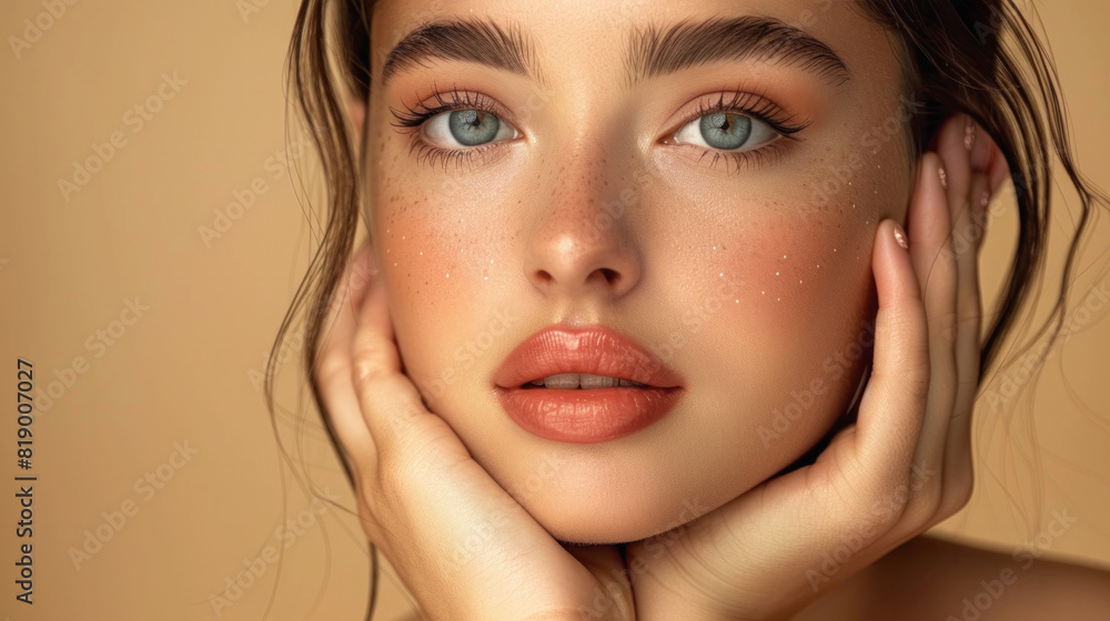 A woman with blue eyes and a pinkish tint to her lips. She is wearing makeup and has her hands on her face A woman with blue eyes and a pinkish tint to her lips. She is wearing makeup and has her hands on her face