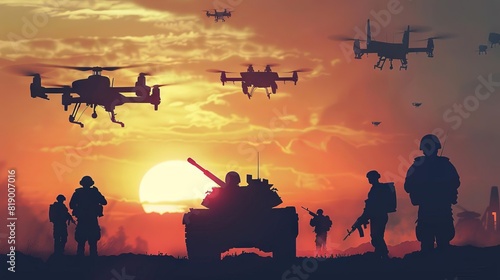 silhouette illustration of military drones and tanks in modern warfare ominous battle concept photo