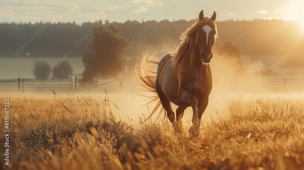 Generate a visual narrative of horses exuding elegance as they trot gracefully across a field Generate a visual narrative of horses exuding elegance as they trot gracefully across a field