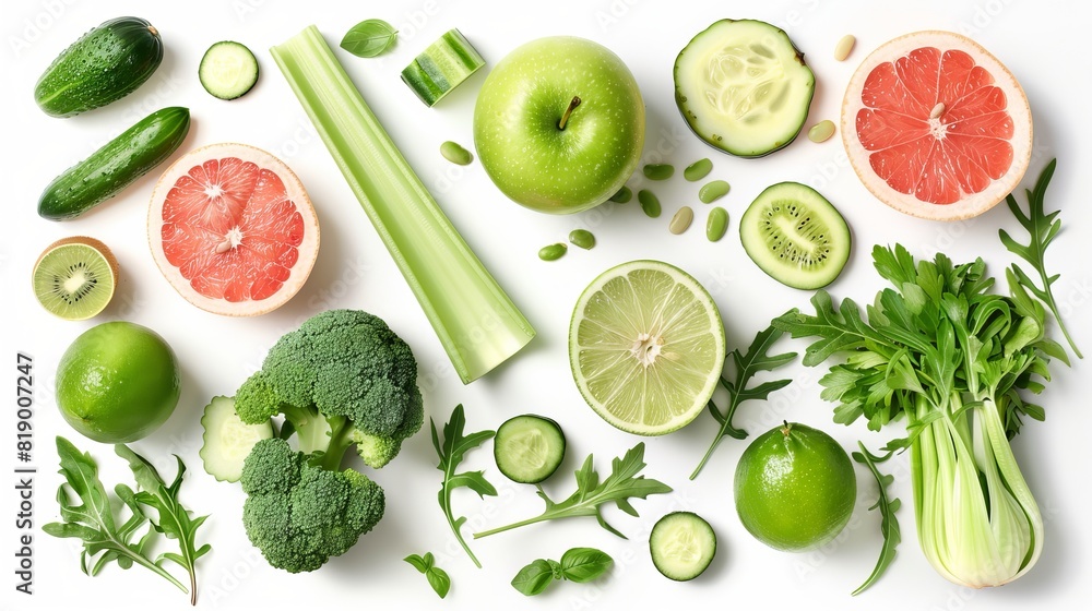 A mix of green fruits and vegetables, celery, apple, avocado, cucumber, bean, arugula, grape, bok choy, lime, grapefruit, kiwi, and pepper isolated on a white background, creative layout, flat lay A mix of green fruits and vegetables, celery, apple, avocado, cucumber, bean, arugula, grape, bok choy, lime, grapefruit, kiwi, and pepper isolated on a white background, creative layout, flat lay