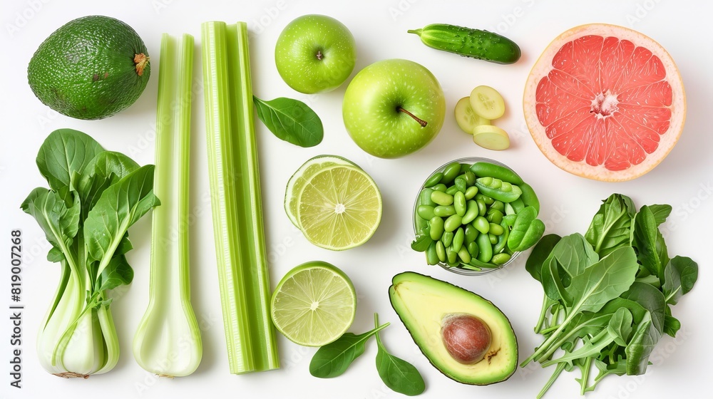 A mix of green fruits and vegetables, celery, apple, avocado, cucumber, bean, arugula, grape, bok choy, lime, grapefruit, kiwi, and pepper isolated on a white background, creative layout, flat lay A mix of green fruits and vegetables, celery, apple, avocado, cucumber, bean, arugula, grape, bok choy, lime, grapefruit, kiwi, and pepper isolated on a white background, creative layout, flat lay